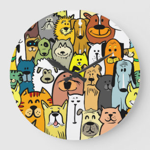 Reloj Redondo Grande Ilustraciones de perros y gatos animados