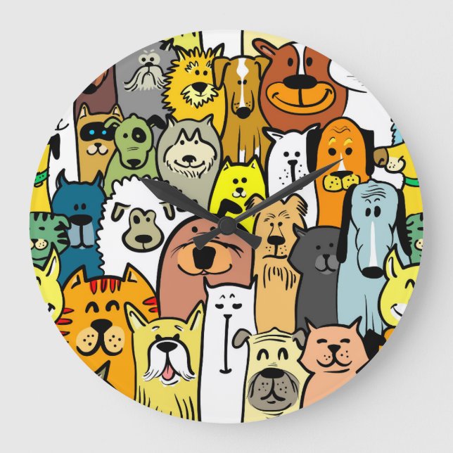 Reloj Redondo Grande Ilustraciones de perros y gatos animados (Anverso)