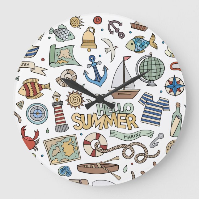 Reloj Redondo Grande Ilustraciones divertidos de verano en la playa (Anverso)