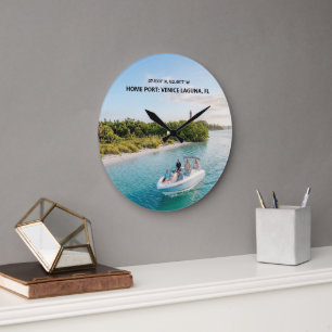 Reloj Redondo Grande Imagen de barco moderno personalizado y coordenada