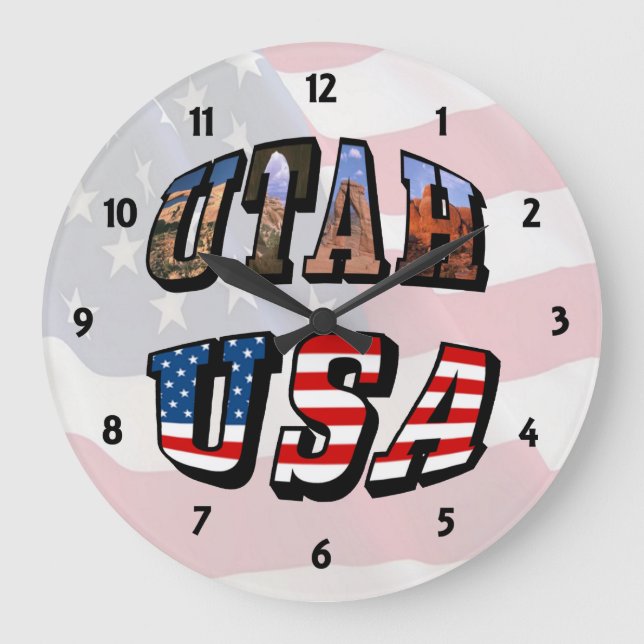 Reloj Redondo Grande Imagen de Utah y texto de la bandera de Estados Un (Anverso)