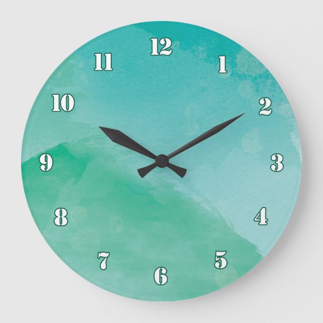 Reloj Redondo Grande Impactante efecto de acuarela azul verde (Anverso)