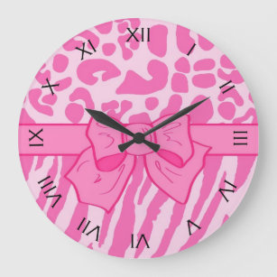 Reloj Redondo Grande Impresión animal de leopardo de cebra rosado y bru