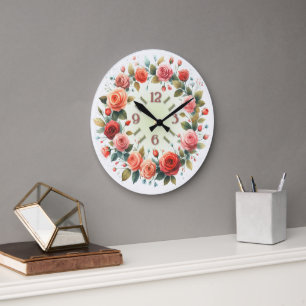 Reloj Redondo Grande Impresión artística Corona de Rosas Acuarela
