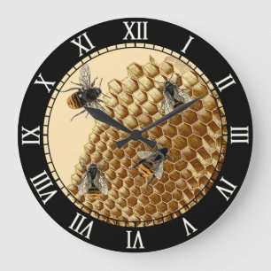 Reloj Redondo Grande Impresión de abejas, Ilustracion Honeycomb, añej