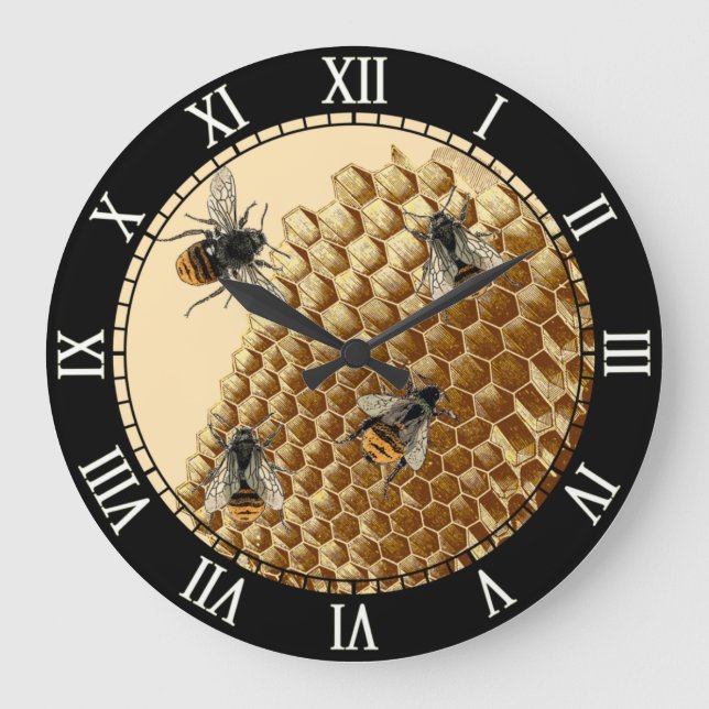 Reloj Redondo Grande Impresión de abejas, Ilustracion Honeycomb, añeja (Anverso)