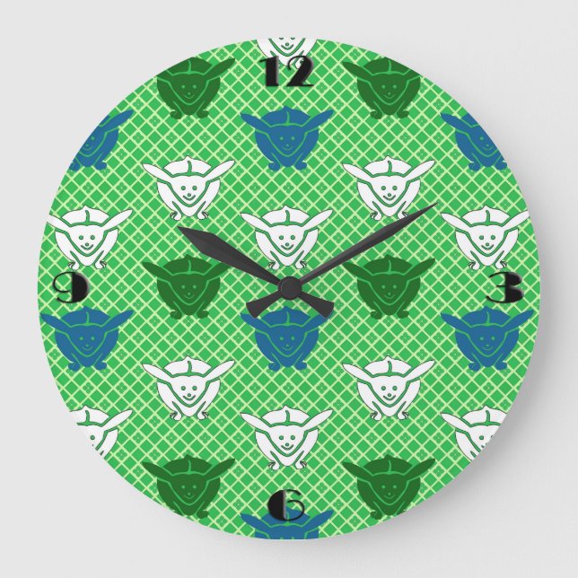Reloj Redondo Grande Impresión de conejo japonés, verde, azul y blanco (Anverso)