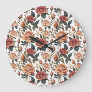 Reloj Redondo Grande Impresión de flores vintage rústicas rosa rojo nat