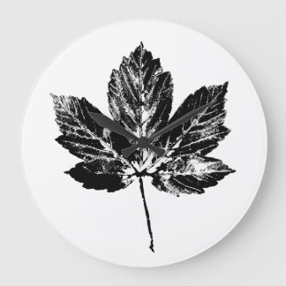 Reloj Redondo Grande Impresión de hojas de arce en blanco y negro