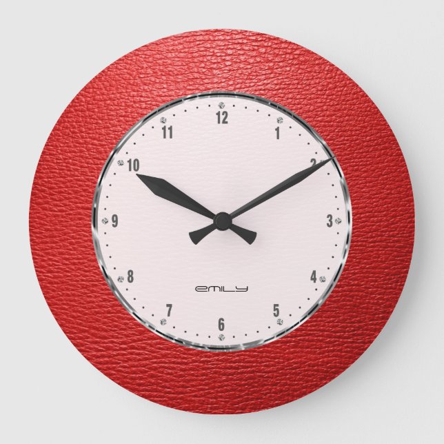 Reloj Redondo Grande Impresión de imitación roja de piel (Anverso)
