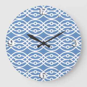 Reloj Redondo Grande Impresión de Kimono, azul cielo y blanco