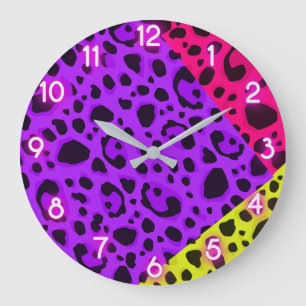 Reloj Redondo Grande Impresión de leopardo guepardo animal neón salvaje