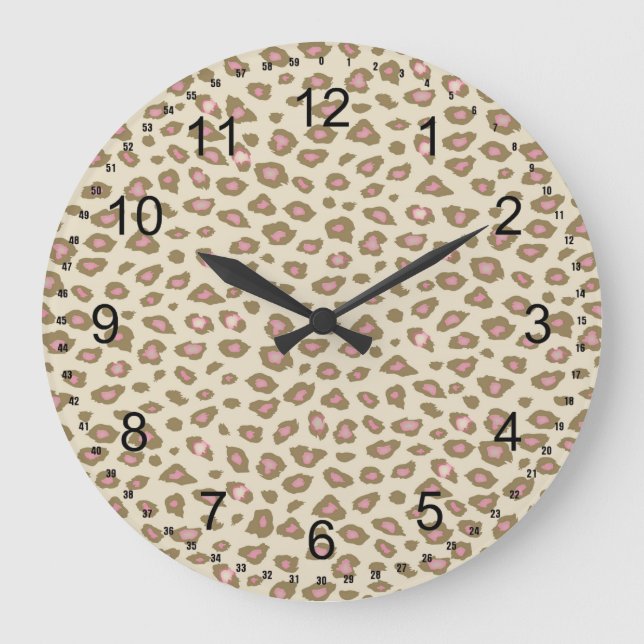 Reloj Redondo Grande Impresión de leopardo rosa crema (Anverso)