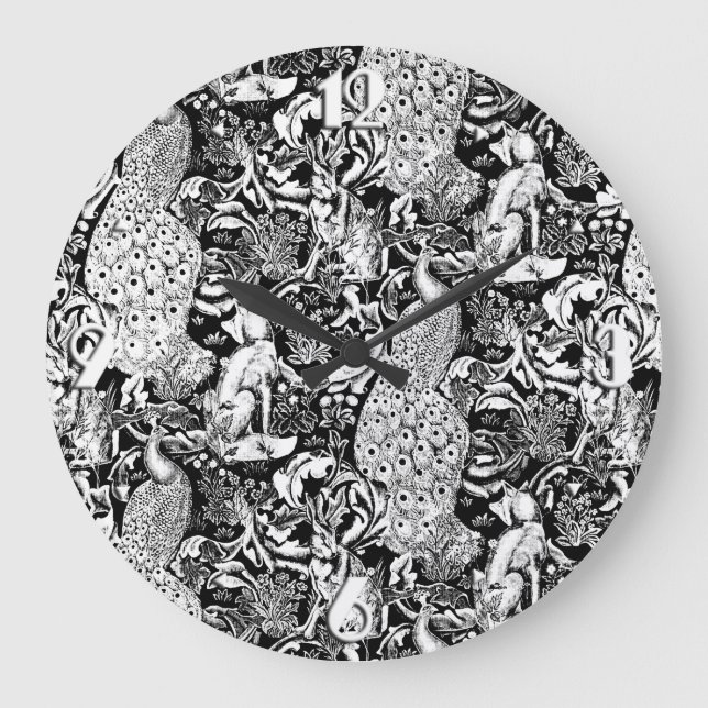 Reloj Redondo Grande Impresión de pavo real Art Nouveau, negro y blanco (Anverso)