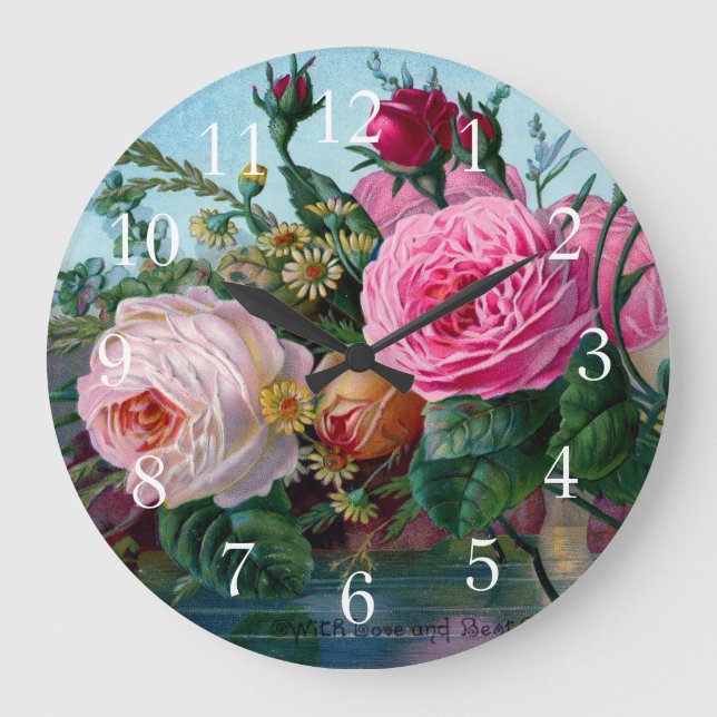 Reloj Redondo Grande Impresión de Rosas de época hermosos y elegantes (Anverso)
