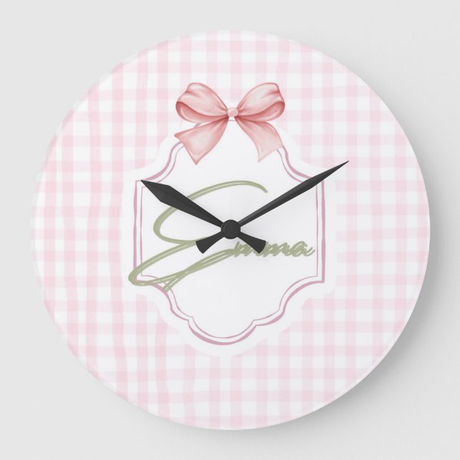 Reloj Redondo Grande Impresión personalizada de Emma Pink Bow y Gingham (Anverso)