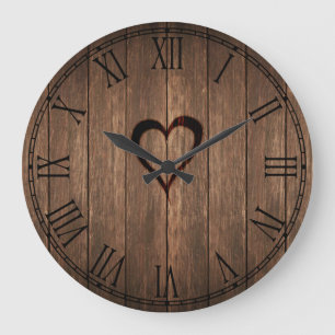 Reloj Redondo Grande Impresión quemada madera rústica del corazón