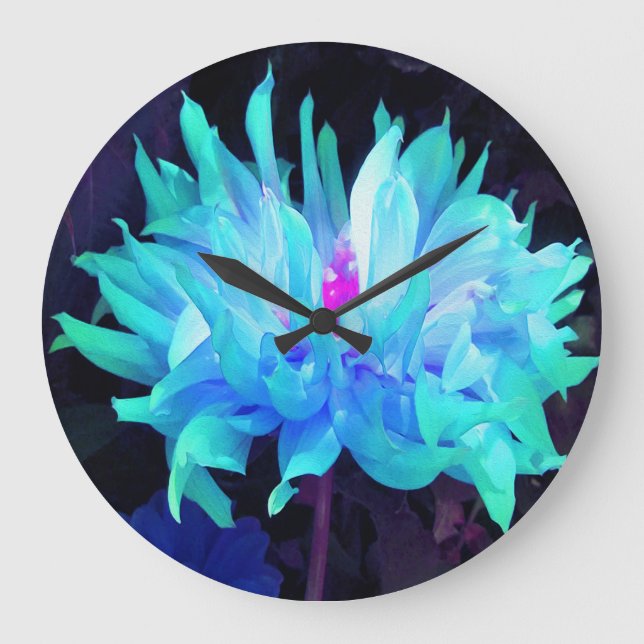Reloj Redondo Grande Impresionante Aqua Cactus Azul y Verde Dahlia (Anverso)