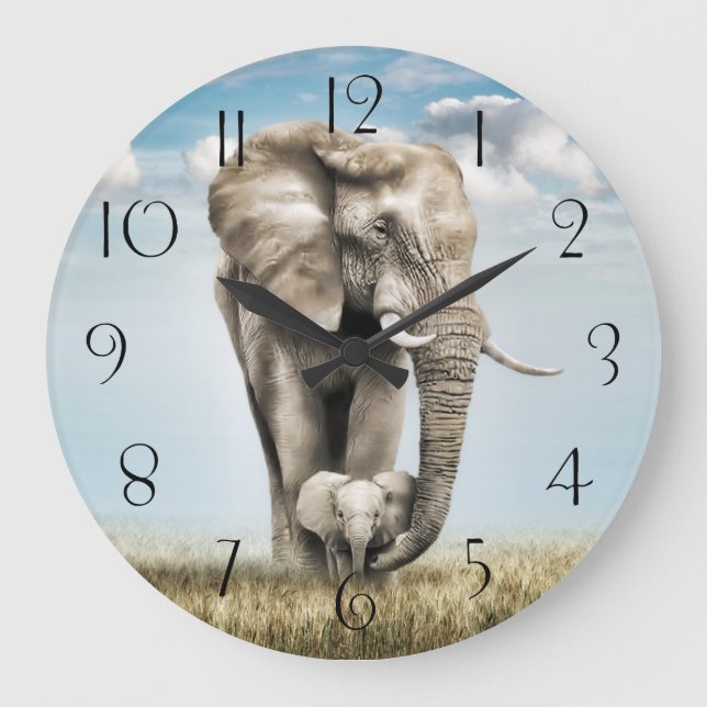 Reloj Redondo Grande Impresionante bebé elefante ternera (Anverso)