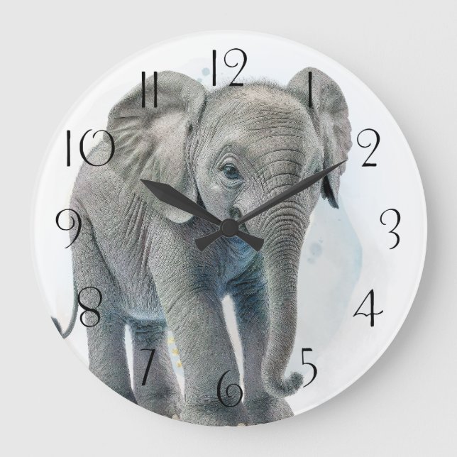 Reloj Redondo Grande Impresionante bebé elefante ternera (Anverso)