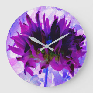 Reloj Redondo Grande Impresionante Dahlia de Cactus Morado y Negro