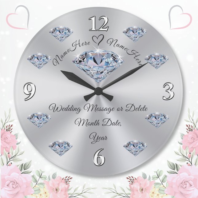 Reloj Redondo Grande Impresionante regalo de matrimonio personalizado,  (Personalized Wedding Clocks. Diamond wedding anniversary gifts or wedding wall clocks. Diamond theme)