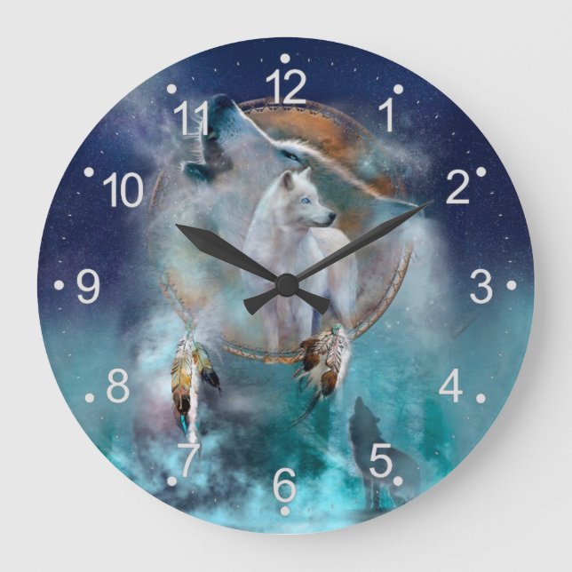 Reloj Redondo Grande Indian dreamcatcher and ethnic tribal head wolf (Anverso)