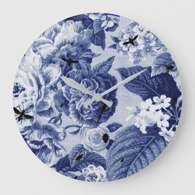Reloj Redondo Grande Indigo Blue Vintage Botanage & Bugs Floral Toile (Anverso)