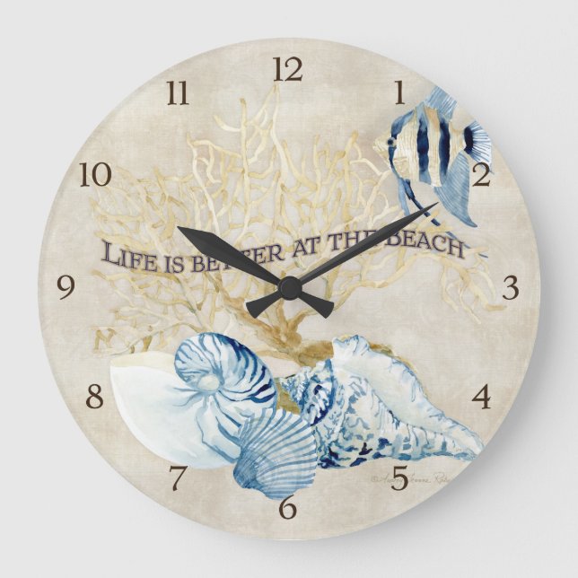 Reloj Redondo Grande Indigo Ocean Life is Better at the Beach Shells (Anverso)
