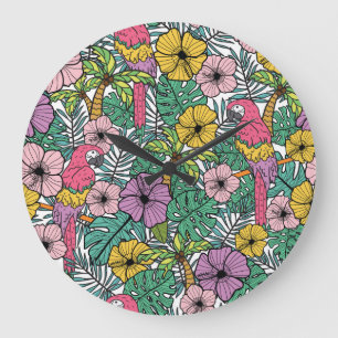 Reloj Redondo Grande Inhibisco tropical, palma, patrón de loros.