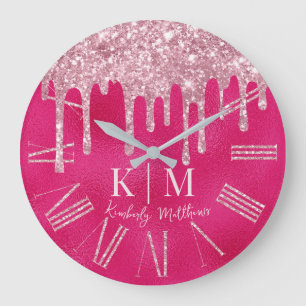 Reloj Redondo Grande Iniciales de monograma con brillo rosa caliente Gl