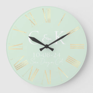 Reloj Redondo Grande Iniciales de Monograma en Boda Verde Menta