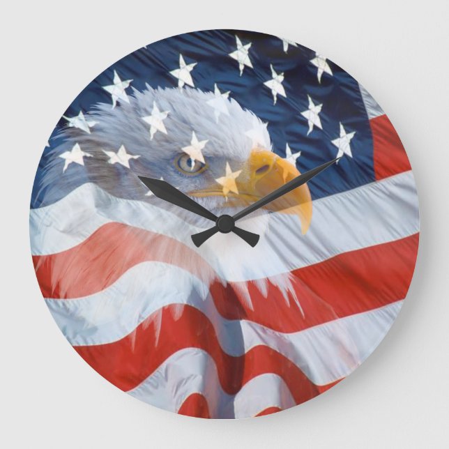 Reloj Redondo Grande Innumerables águilas calvas patrióticas y bandera  (Anverso)