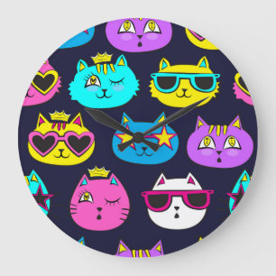 Reloj Redondo Grande Insignias para gatos, textil de arte pop