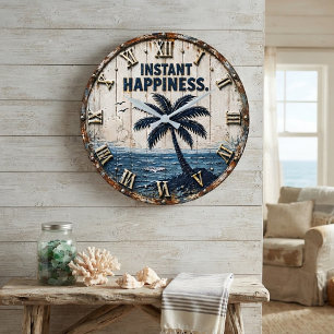 Reloj Redondo Grande Instant Happiness Coastal  Beach House Palm Tree 
