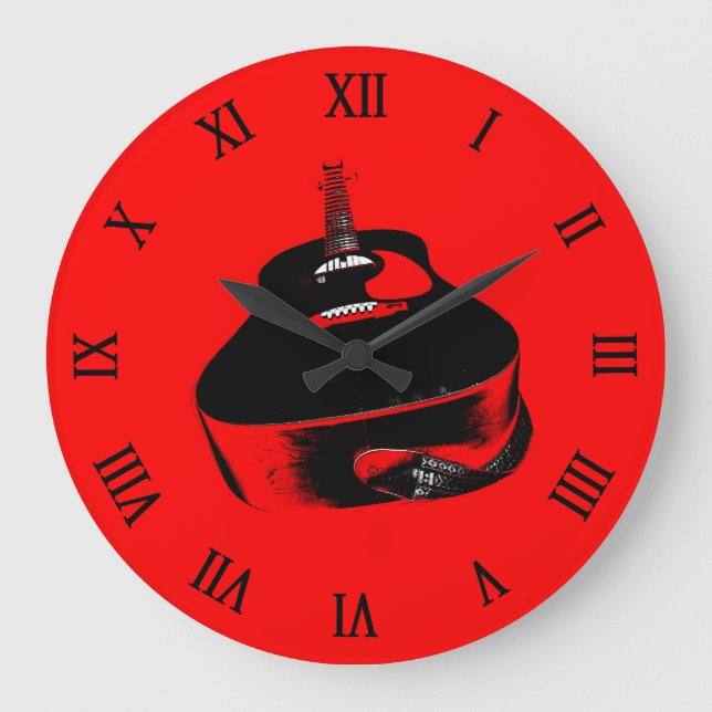 Reloj Redondo Grande Instrumento de música de guitarra de neón rojo (Anverso)