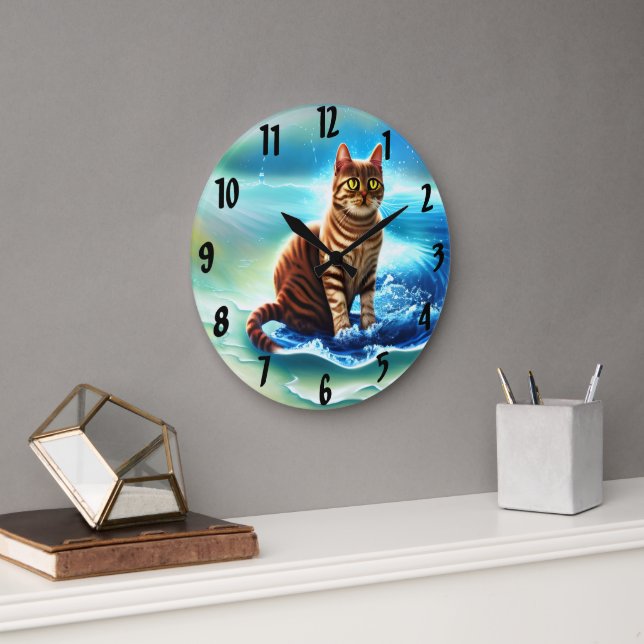 Reloj Redondo Grande Inteligencia artificial gato animal en el agua (Oficina)