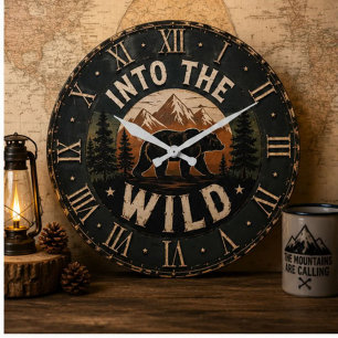 Reloj Redondo Grande Into the Wild Bear Rustic Cabin Mountain Decor