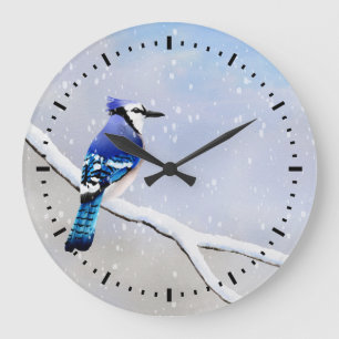 Reloj Redondo Grande Invierno acuarela Nieve Pájaro Azul Jay