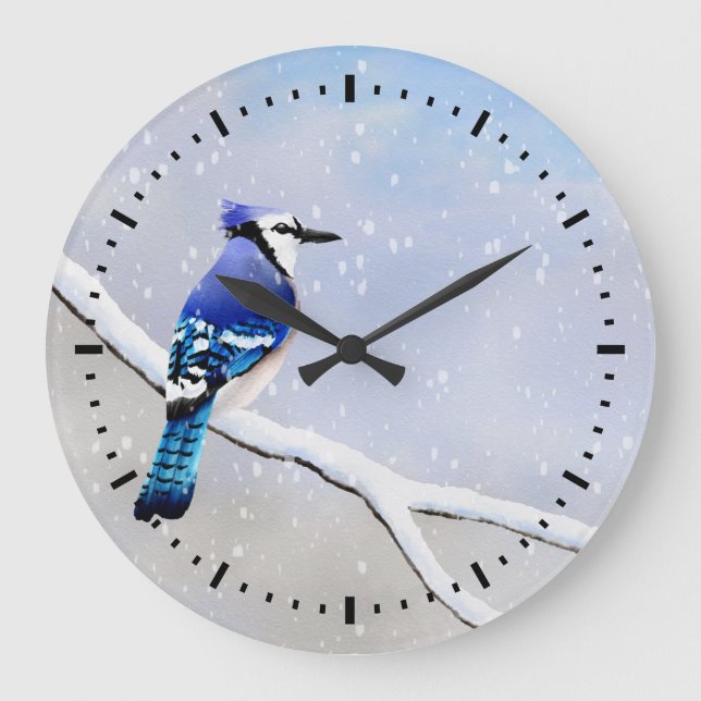 Reloj Redondo Grande Invierno acuarela Nieve Pájaro Azul Jay (Anverso)