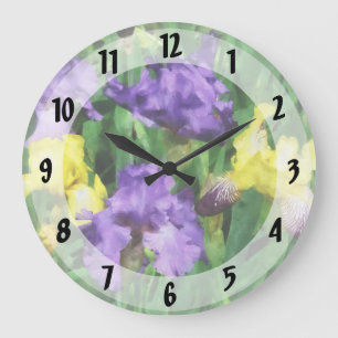 Reloj Redondo Grande Iris amarillos y púrpuras