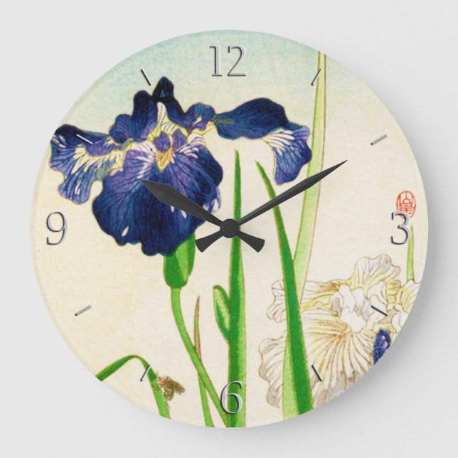 Reloj Redondo Grande Iris azul - impresión japonesa de la acuarela (Anverso)