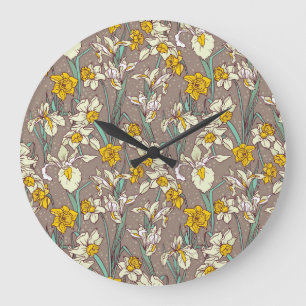 Reloj Redondo Grande Iris Narcissus Flores Vintage Seamless