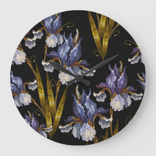 Reloj Redondo Grande Irises de primavera: Arte renacentista de bordado