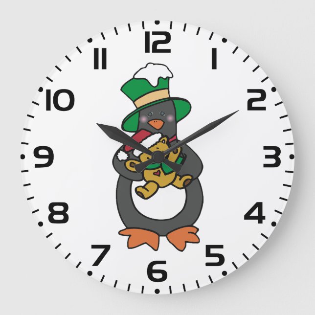 Reloj Redondo Grande Irish Penguin Holding Christmas Teddy Bear (Anverso)