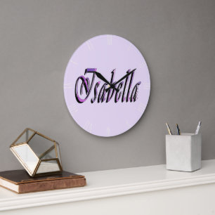 Reloj Redondo Grande Isabella Nombre En Púrpura Y Rosa,