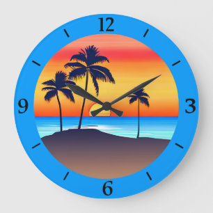 Reloj Redondo Grande Isla Tropical al atardecer con palmeras