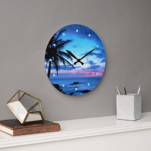 Reloj Redondo Grande Isla Tropical Beach Ocean Pink Blue Sunset Foto