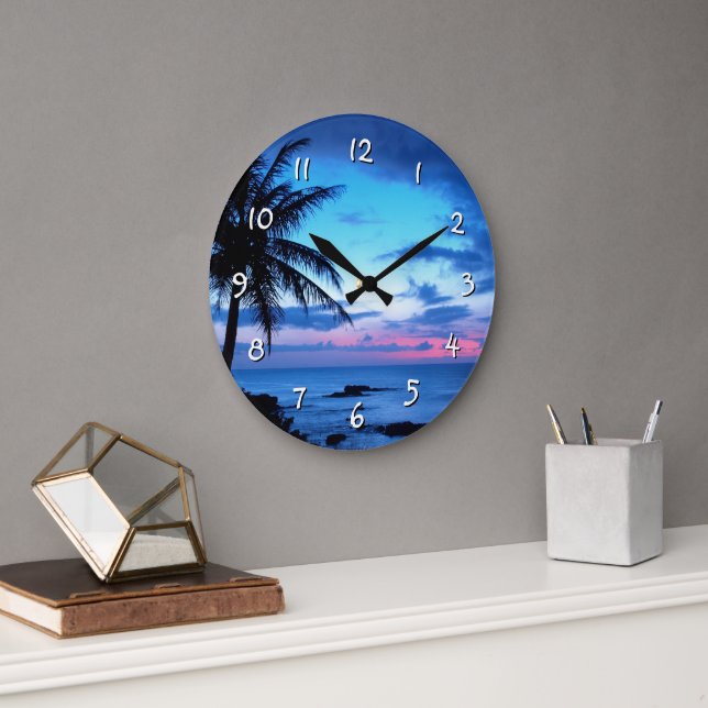 Reloj Redondo Grande Isla Tropical Beach Ocean Pink Blue Sunset Foto (Oficina)