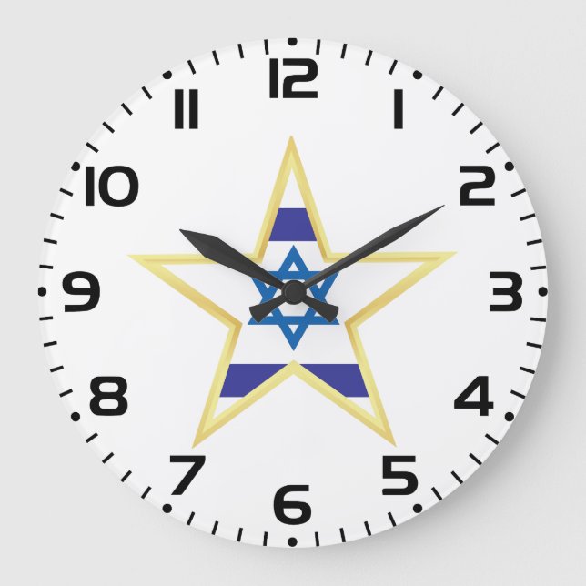 Reloj Redondo Grande Israeli Flag Star of David Gold Trimmed (Anverso)